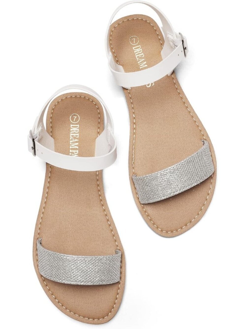 Women's Silver Glitter Ankle Strap Flat Open Toe One Band Buckle Summer Sandal - Picture 4 of 5